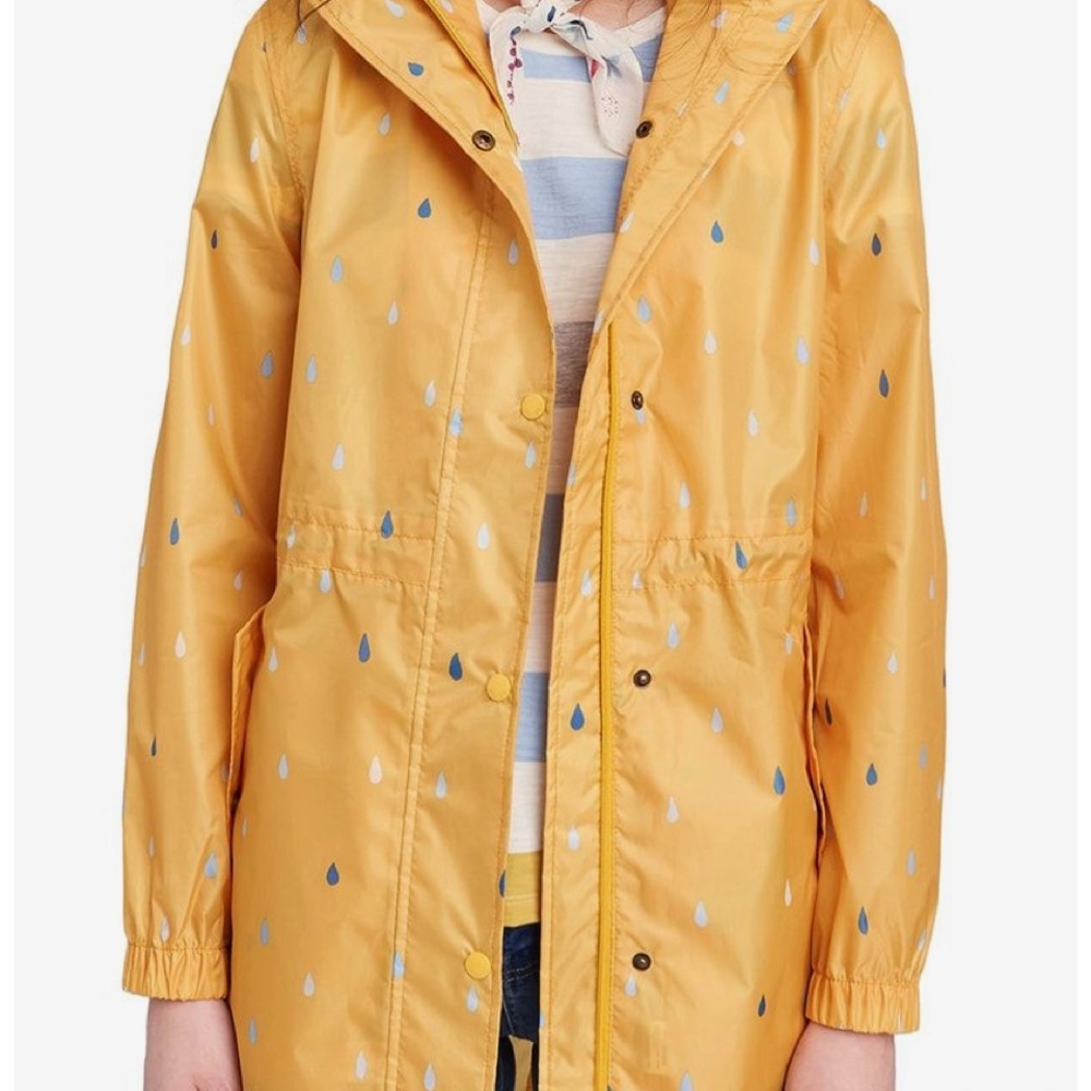 Joules Mustard Yellow Raincoat with Blue & White Raindrop Print